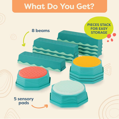 B. toys – Balance Beam for Kids – Interlocking Balancing Beams – 5 Sensory Pads & 8 Beams – Active Play for Toddlers, Kids – 3+ Years– Balance & Build Set