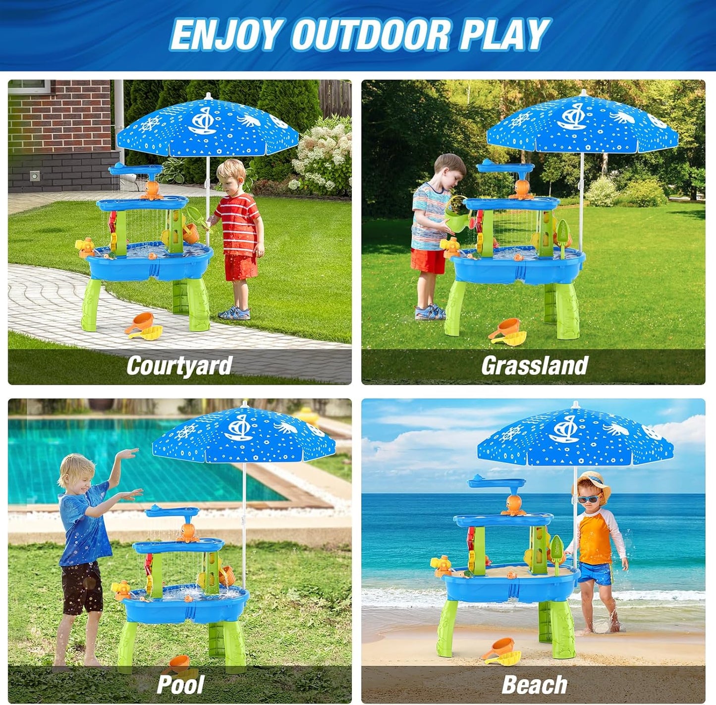 Water Table for Toddlers 3-5, 3-Tier Kids Splash Sand Table Water Toys with Umbrella, Rain Showers Splash Pond for Outdoor Beach Backyard Summer, Activity Sensory Playset for Boys Girls, Blue